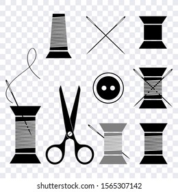 Set of black and white isolated vector icons for sewing - scissors, needles and skeins of thread.