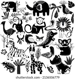 Set of black and white jungle animals and exotic tropical leaves. African animals, sloth, bird, elephant, koala, giraffe, flamingo, rhino, crocodile, monkey and palm trees. Cute animals. Vector.