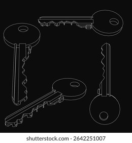 A set of black and white keys arranged symmetrically on a solid black background, featuring a large central key flanked by two smaller ones. The stark contrast highlights the intricate details of.