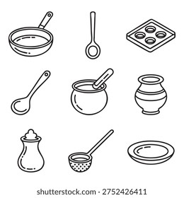 Set of black and white kitchen utensils and cookware frying pan ladle
