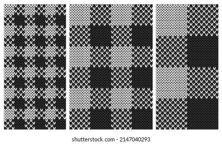 Set of black and white knit gingham seamless patterns. Vector illustration of knitted plaid texture from squares. Abstract geometric handmade background for blankets, sweaters, clothes. 