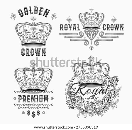 Set of black and white labels with imperial crown, jewelry chains, roses, text. Detailed composition in vintage style on white background
