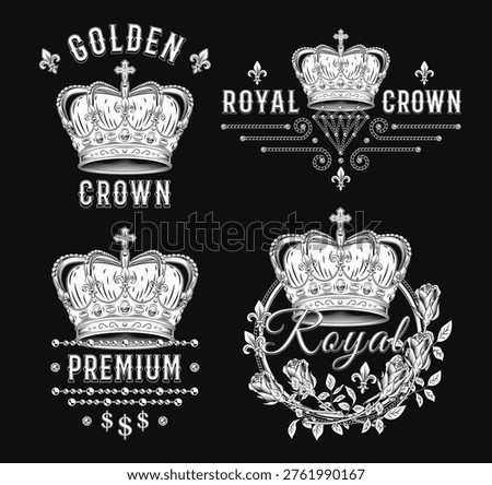 Set of black and white labels with imperial crown, jewelry chains, roses, text. Detailed composition in vintage style on black background