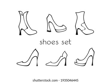 Set of black and white ladies high heels shoes and half-boots on a white background. Vector design element for fashion design, shoe store, shoe factory, signage, packaging, sign, icon, logo and emblem