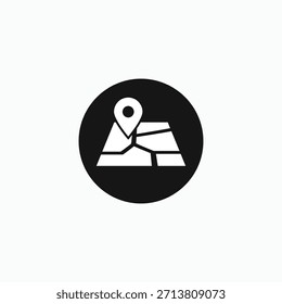 Conjunto de iconos de ubicación en tierra en blanco y negro con un mapa delineado y un círculo inverso con un pin de puntero. Perfecto para GPS, viajes, bienes raíces, navegación y diseño de interfaz