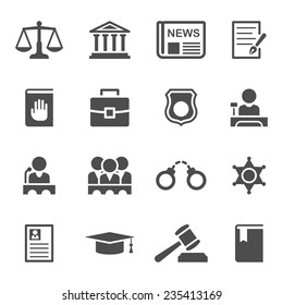 Set of black and white law and justice icons with a judge gavel lawyer mortarboard hat scales court jury sheriffs star law books briefcase scribe and lock for a prison