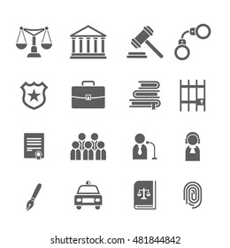 Set of black and white law and justice icons.Judge, gavel, lawyer, scales court, jury, sheriffs, star, law books, briefcase, scribe, prison - stock vector illustration.