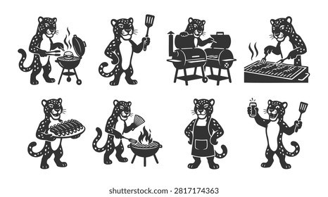 Set of black and white leopard characters grilling food outdoors