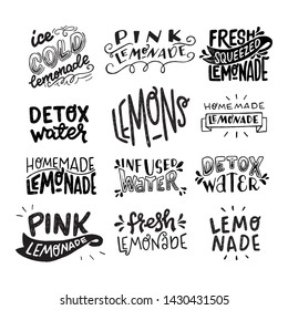 Set of black and white lettering inscriptions about Pink, Homemade, Ice Cold, Fresh Squeezed Lemonade, Lemons, Detox and Infused Water. Hand drawn text sticker kit on healthy cooling drinks. Vector