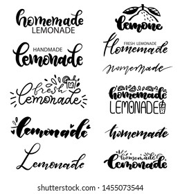 Set of black and white lettering inscriptions about Homemade Lemonade, Fresh lemonade, Homemade. Hand drawn text sticker kit on healthy cooling drinks