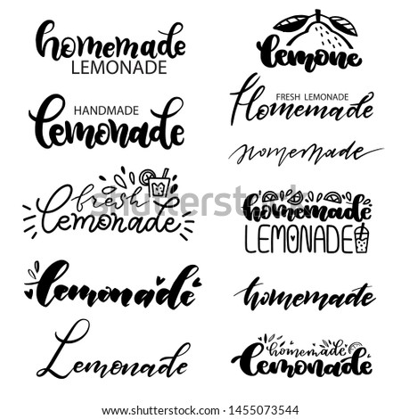 Set of black and white lettering inscriptions about Homemade Lemonade, Fresh lemonade, Homemade. Hand drawn text sticker kit on healthy cooling drinks