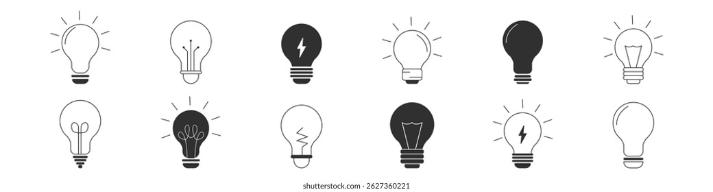 Set of black and white light bulb icons in various styles, symbolizing creativity, innovation, electricity, and bright ideas for design use.

