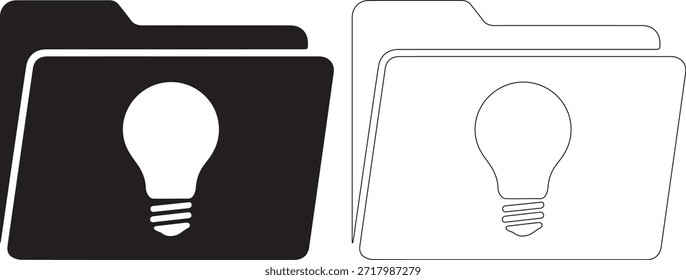 A set of black and white light bulb icons in folders with filled and outlined styles, isolated on white background, representing ideas and inspiration