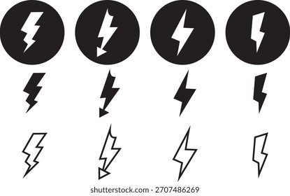 Set of black and white lightning bolt icons, Electricity and Lightning Prohibition Sign, power icon energy icon sign, Outline thunderbolt symbol illustration,
