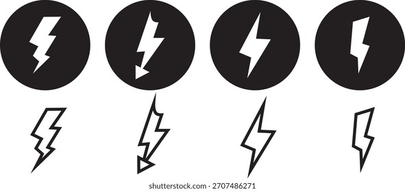 Conjunto de iconos de relámpago en blanco y negro, señal de prohibición de electricidad y relámpagos, signo de icono de energía, ilustración de símbolo de rayo de contorno,
