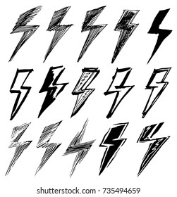 Set of black and white lightning. Grungy signs of lightning. Artistic symbols of thunderbolt. Emblem of thunderstorm  