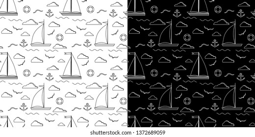 Set of black and white line art vector seamless pattern with one two sails sailboat, clouds, anchor, lifebuoy, gull on the background. Endless texture for web, covers, decoration, children's design.