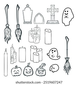 Un conjunto de ilustraciones de arte de línea en blanco y negro para Halloween. Arte Doodle sobre Halloween. Divertidas ilustraciones de Halloween. Ilustraciones de fantasmas, cementerios, palos de escoba, calabazas y velas.