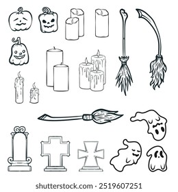 A set of black and white line art illustrations for Halloween. Doodle art about Halloween. Funny illustrations of Halloween. Illustrations of ghosts, graveyards, broomsticks, pumpkins and candles.