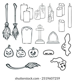 A set of black and white line art illustrations for Halloween. Doodle art about Halloween. Funny illustrations of Halloween. Illustrations of ghosts, graveyards, broomsticks, pumpkins and candles.