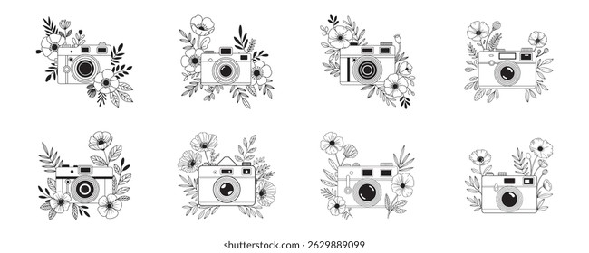 Set of black and white line art illustration of a vintage camera surrounded by decorative flowers and leaves, Detailed Camera Illustration Professional Vector Design for Photography Projects