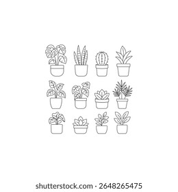 Um conjunto de ilustrações de arte em preto e branco de plantas em vasos interiores. Apresenta Monstera, cacto, planta de cobra, suculentas e muito mais. Perfeito para temas de decoração, jardinagem e natureza.