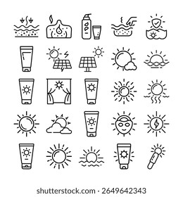 A set of black and white line art icons depicting skincare, sun protection, solar energy, and related concepts.