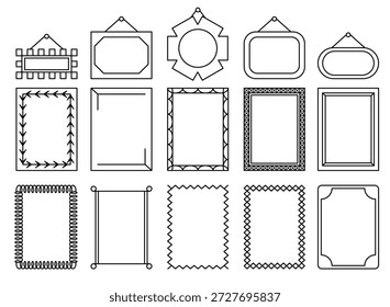 Conjunto de ilustrações de vetor de moldura de foto de arte de linha preta e branca em várias formas retângulo círculo oval moldura decorativa moldura molduras para imagens espelhos minimalista doodle