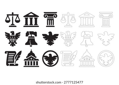 A set of black and white line art icons representing government, law, and justice. Includes symbols like scales, courthouses, and