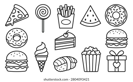 A set of black and white line art illustrations featuring a variety of popular foods including pizza, donuts, burgers, and sweets.
