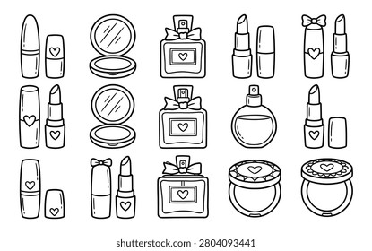 A set of black and white line art illustrations depicting various cosmetics and beauty products on a white background.