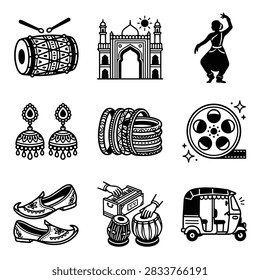 A set of black and white line art illustrations representing various aspects of Indian culture and tradition.