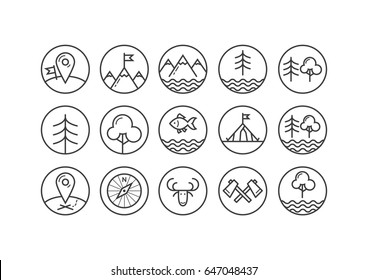 Set of black and white line art icons on the theme of tourism in the round frame