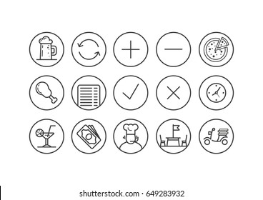 Set of black and white line art icons for the pub or pizzeria in a round frame