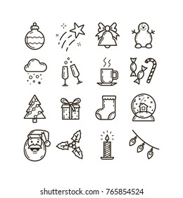 set of black and white line art icons on the theme of Christmas and New Year