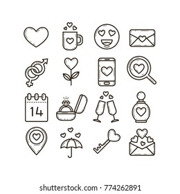 set of black and white line art icons on the theme of the Valentine's Day