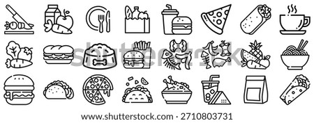 A set of black and white line art icons depicting various food and drink items, including fast food, healthy options, and beverages.