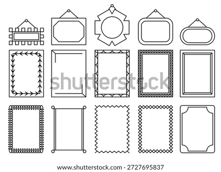Set of black and white line art photo frame vector illustrations in various shapes rectangle circle oval decorative border templates for pictures mirrors minimalist doodle