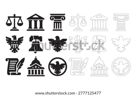 A set of black and white line art icons representing government, law, and justice. Includes symbols like scales, courthouses, and