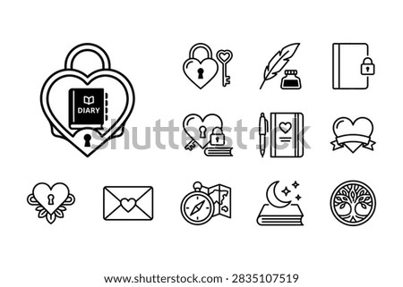 Set of black and white line art icons depicting heart locks, diaries, love letters, and romantic writing symbols.