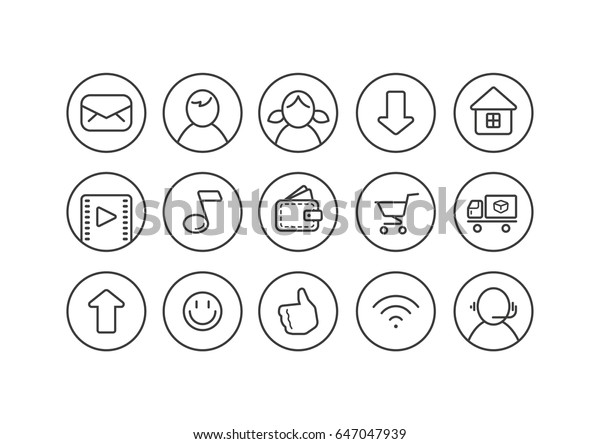Set of black and white line art internet\
theme icons for a web page in a round\
frame