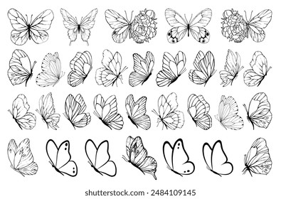 Set of black and white line butterflies. Collection of butterflies. Vector illustration. Butterflies clipart. Baby shower design elements. Party invitation, birthday celebration. Spring, summer decor