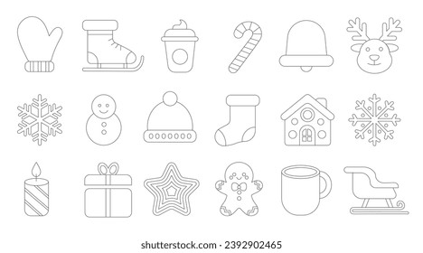 Set of black and white line Christmas icons. Vector illustration. Winter icons with white background. Collection of symbols outlines.