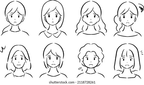 Set of black and white line drawing illustrations of young woman's troubled facial expressions