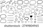 A set of black and white line drawings including speech bubbles, stars, hearts, clouds, and other decorative elements