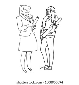 Set of black and white line drawings in the vector, female figures, women's profession 