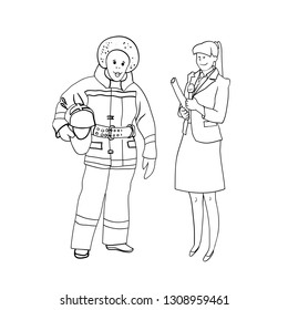 Set of black and white line drawings in the vector, female figures, women's profession