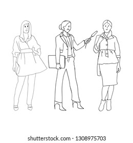 Set of black and white line drawings in the vector, female figures, women's profession