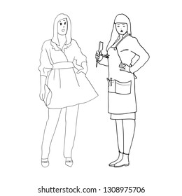 Set of black and white line drawings in the vector, female figures, women's profession