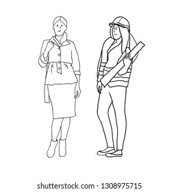 Set of black and white line drawings in the vector, female figures, women's profession